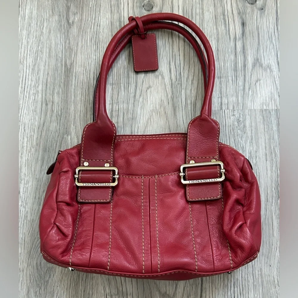 Tignanello Cherry Leather Handbag with Silver Buckle